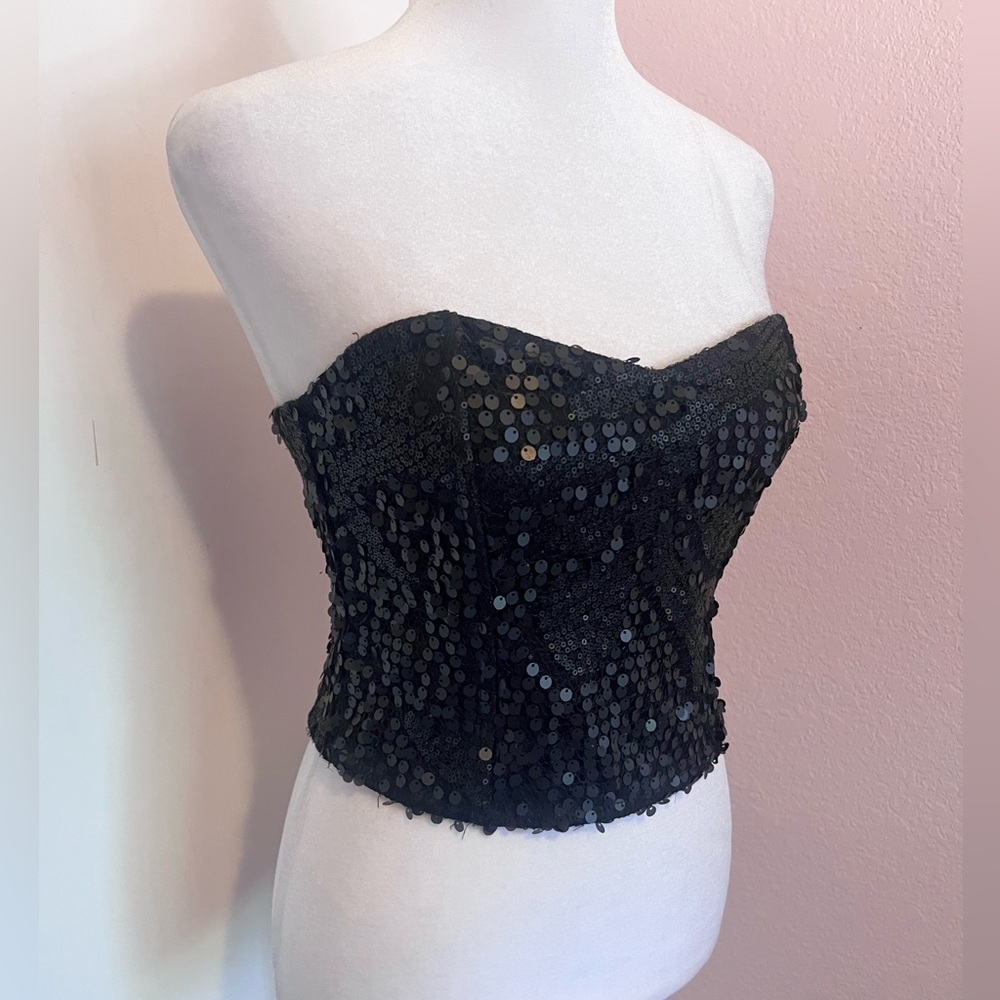 Black Sequin Strapless Bustier Corset Top